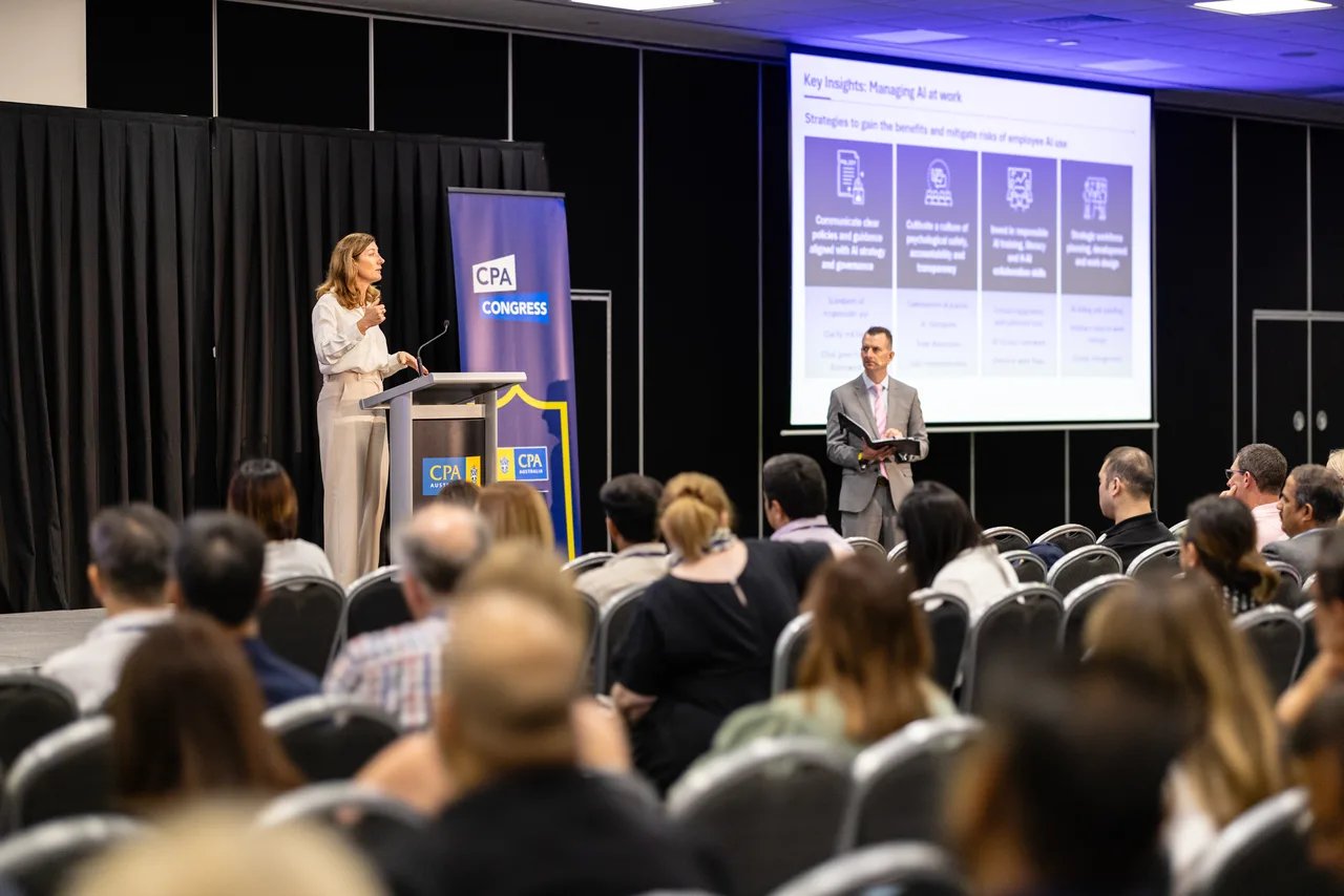 Speaker presenting on stage to an engaged audience at CPA Congress 2025
