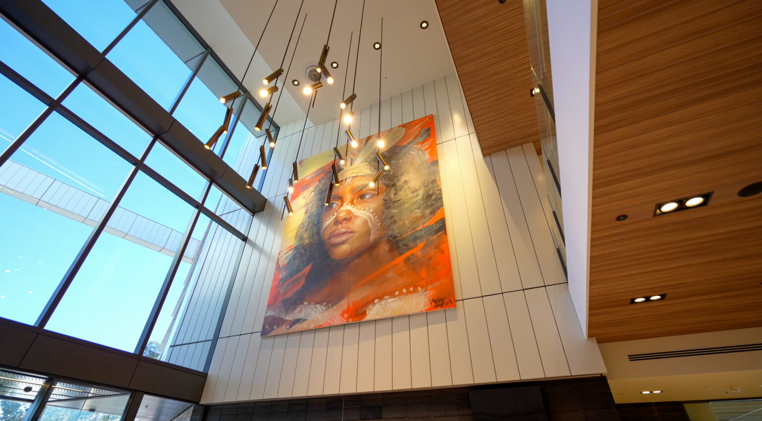 Atrium artwork and pendant lights at East Edge 2, Symonston